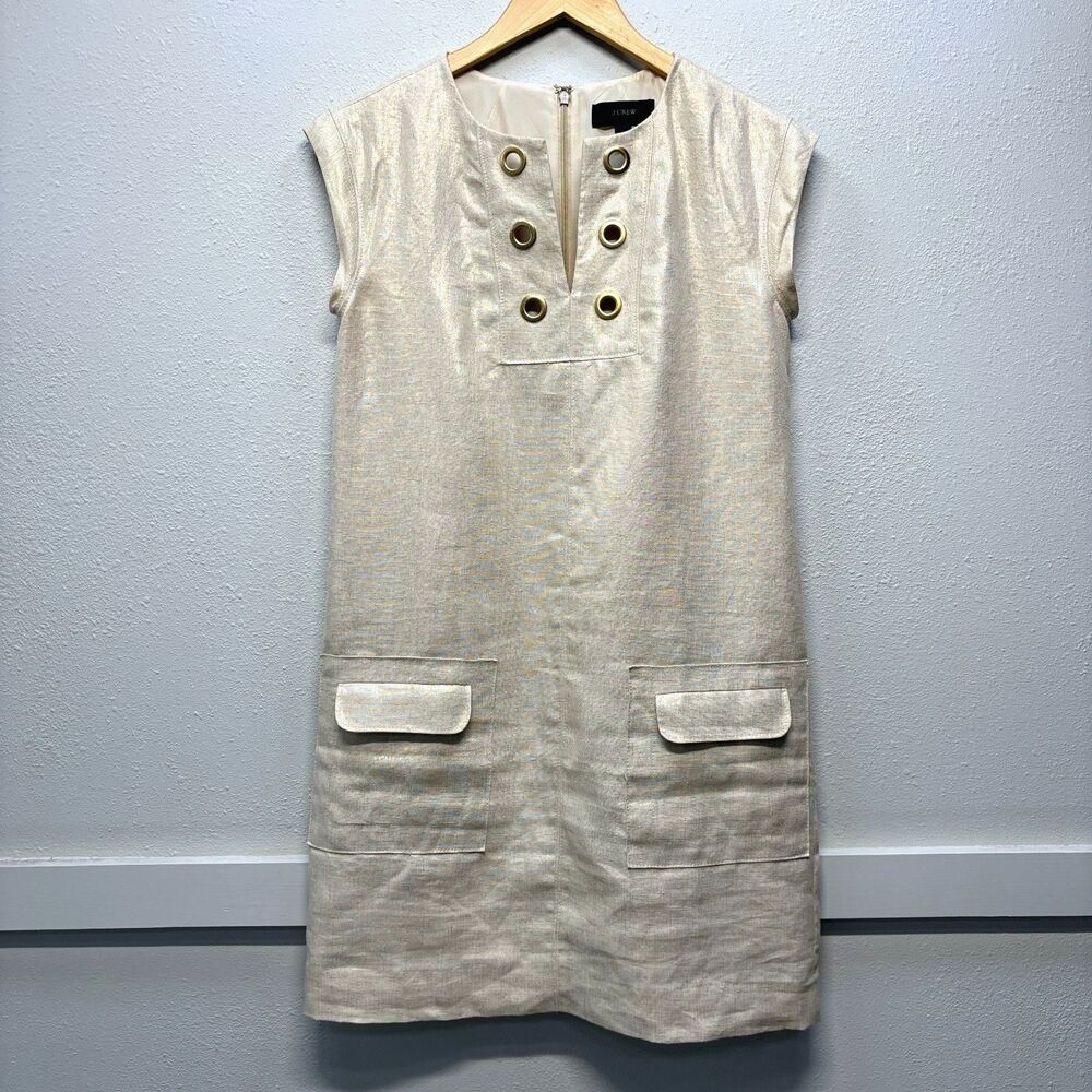 J. Crew Metallic 100% Linen Shift Dress with Grommets Women's Sz 2